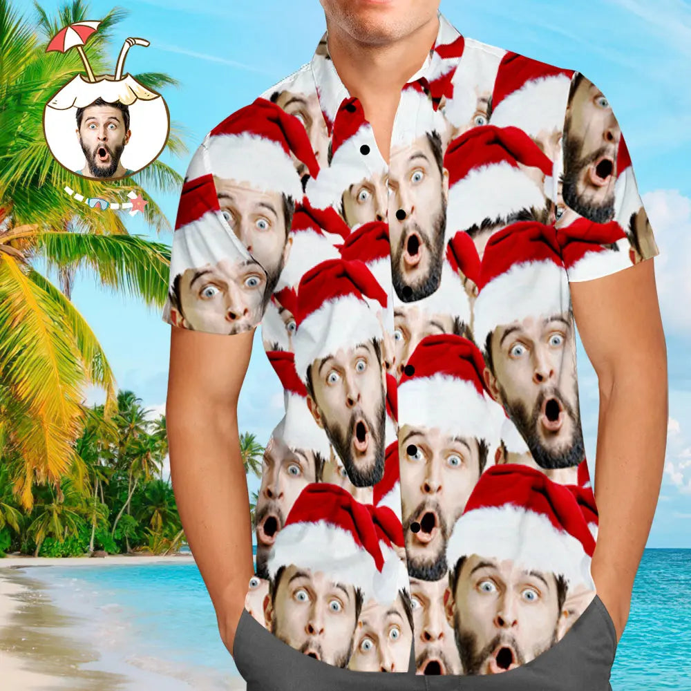Custom Face Shirt Personalized Photo Men's Hawaiian Shirt Christmas Gift Santa Face Pattern