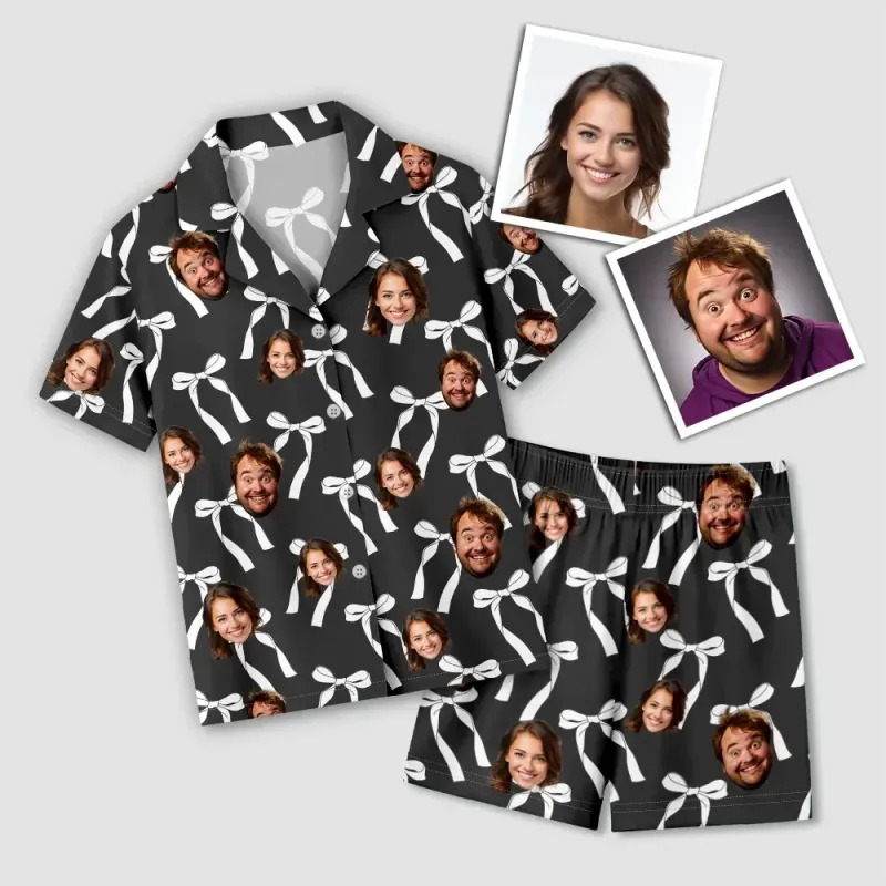 Custom 2 Faces Short Sleeve Pajama with Bowknot Pattern Prints Valentine's Day Gift for Her