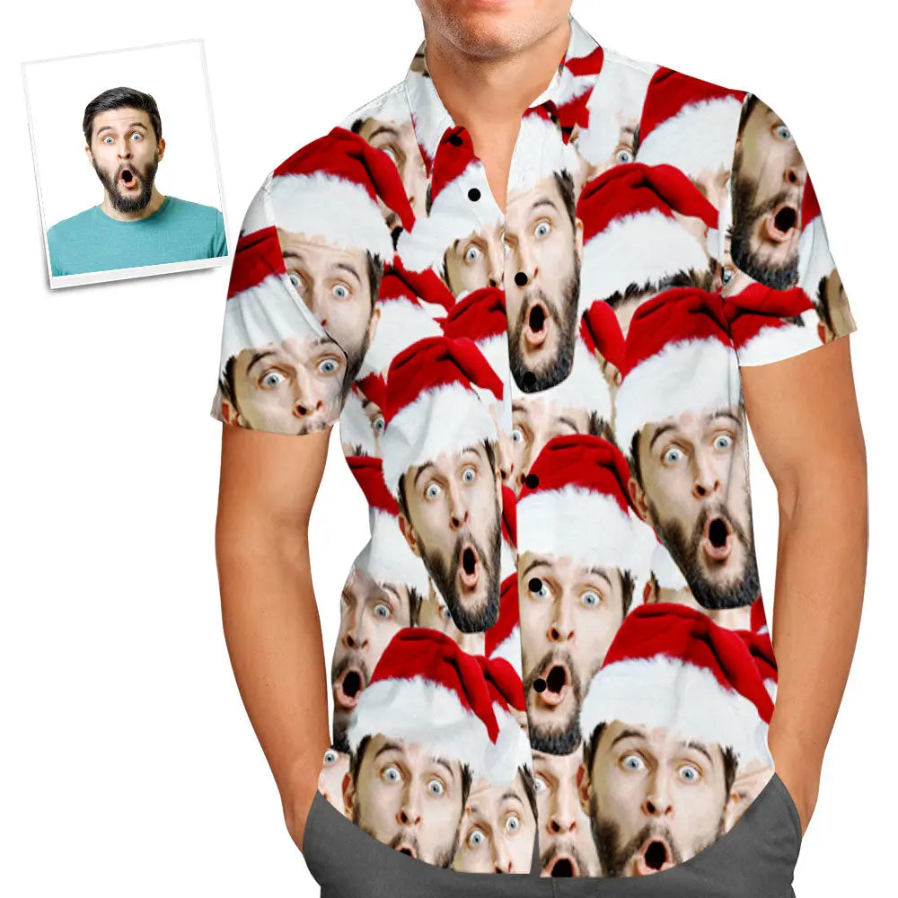 Custom Face Shirt Personalized Photo Men's Hawaiian Shirt Christmas Gift Santa Face Pattern