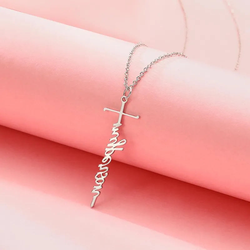 Custom Name Necklace Cross Squiggly Lettering Birthday Gift For Her