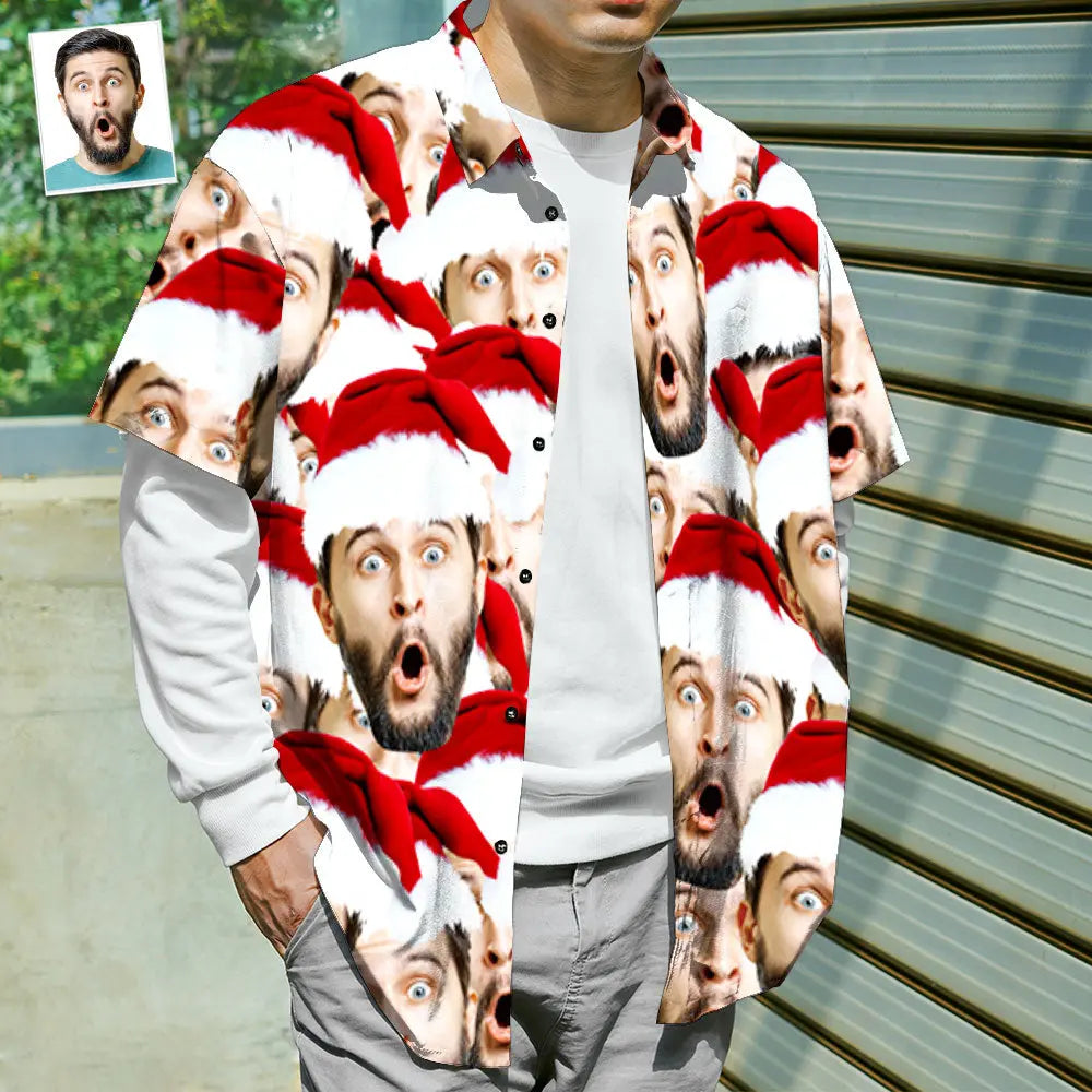 Custom Face Shirt Personalized Photo Men's Hawaiian Shirt Christmas Gift Santa Face Pattern