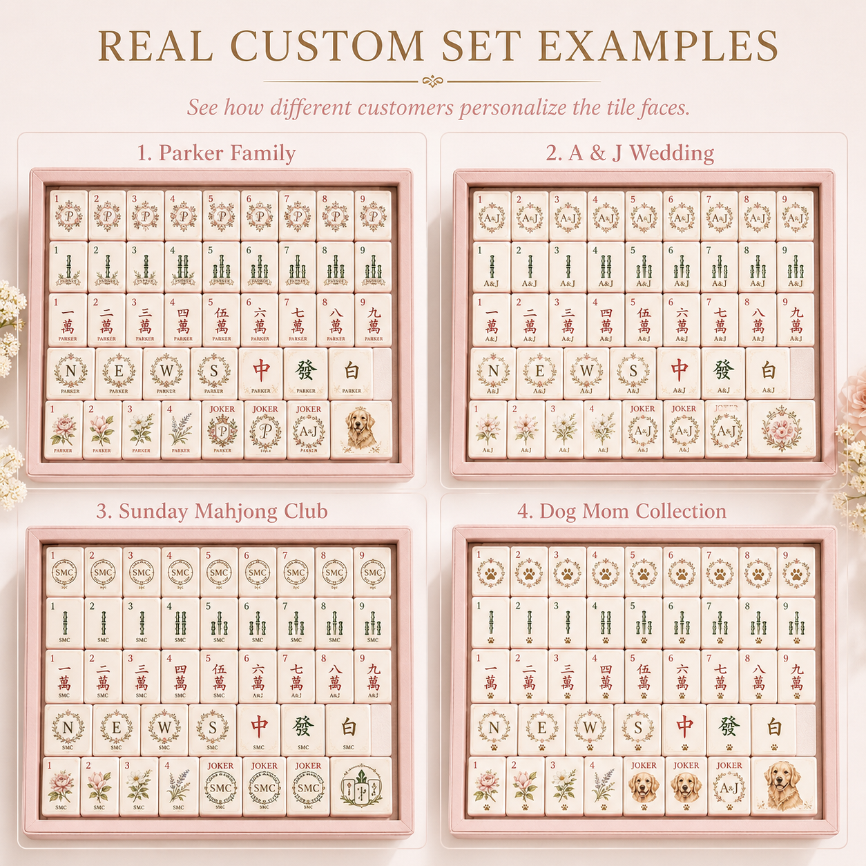 Real custom mahjong set examples for family, wedding, club, and pet themes
