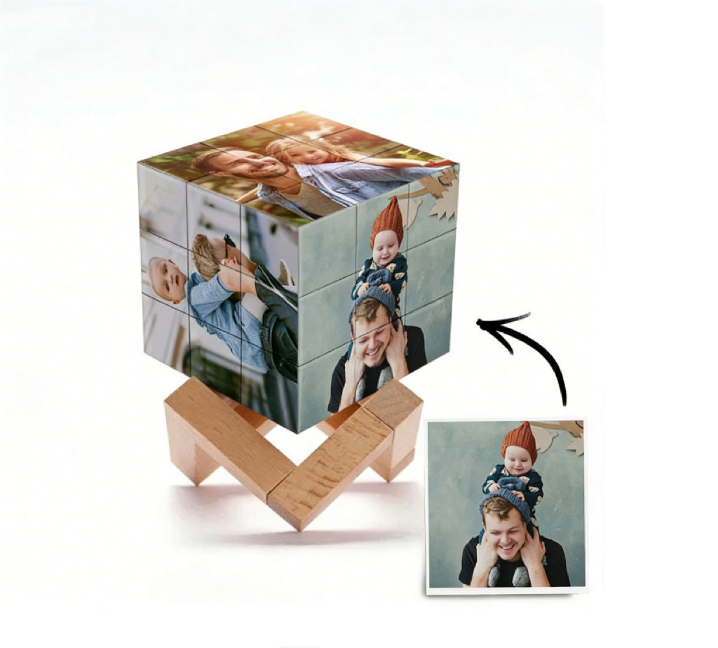 Personalised Magic Cube Picture Cube Gift For Dad With Wooden Rubic's Cube Bracket