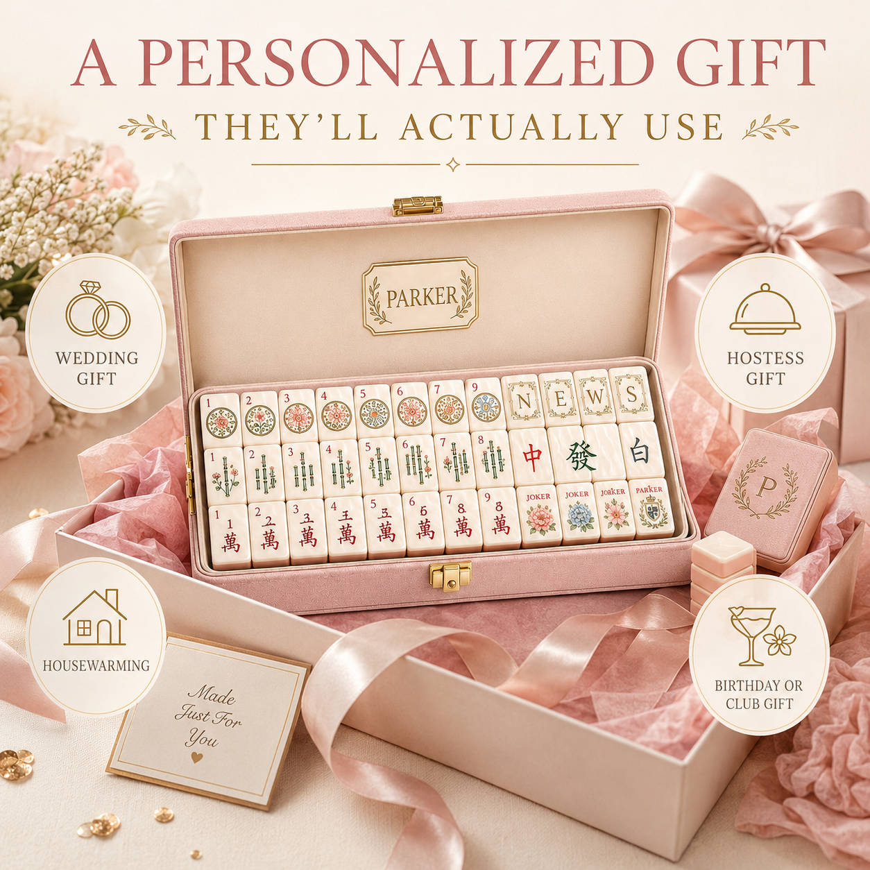Personalized mahjong gift set for weddings, hostesses, housewarming, and birthdays