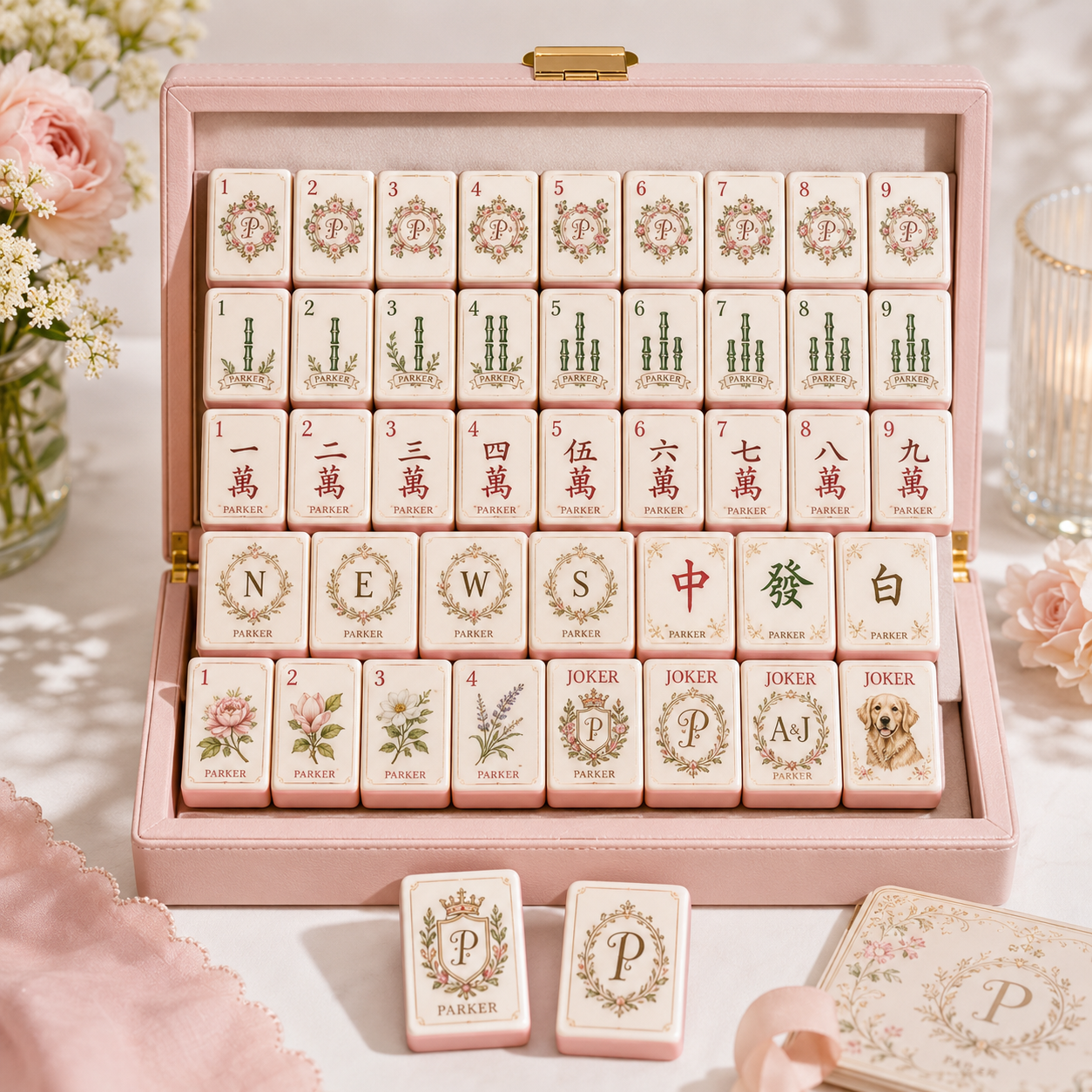 Personalized American mahjong set in a blush gift case with custom crest tiles