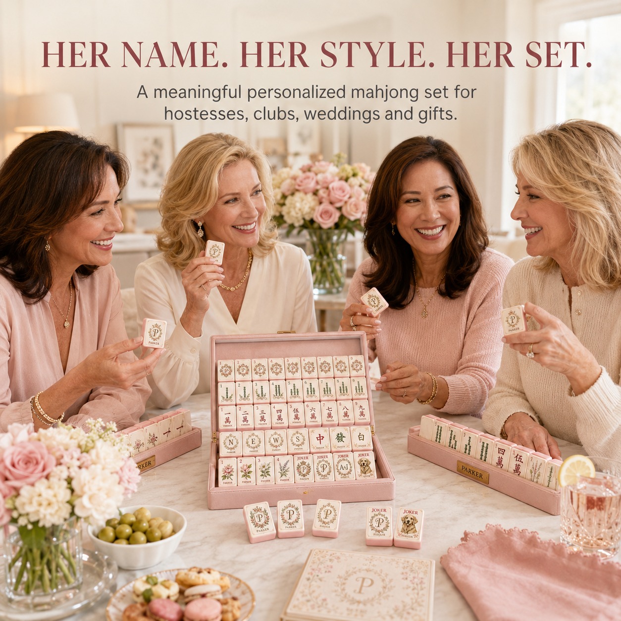 Personalized mahjong set styled for a hostess game night