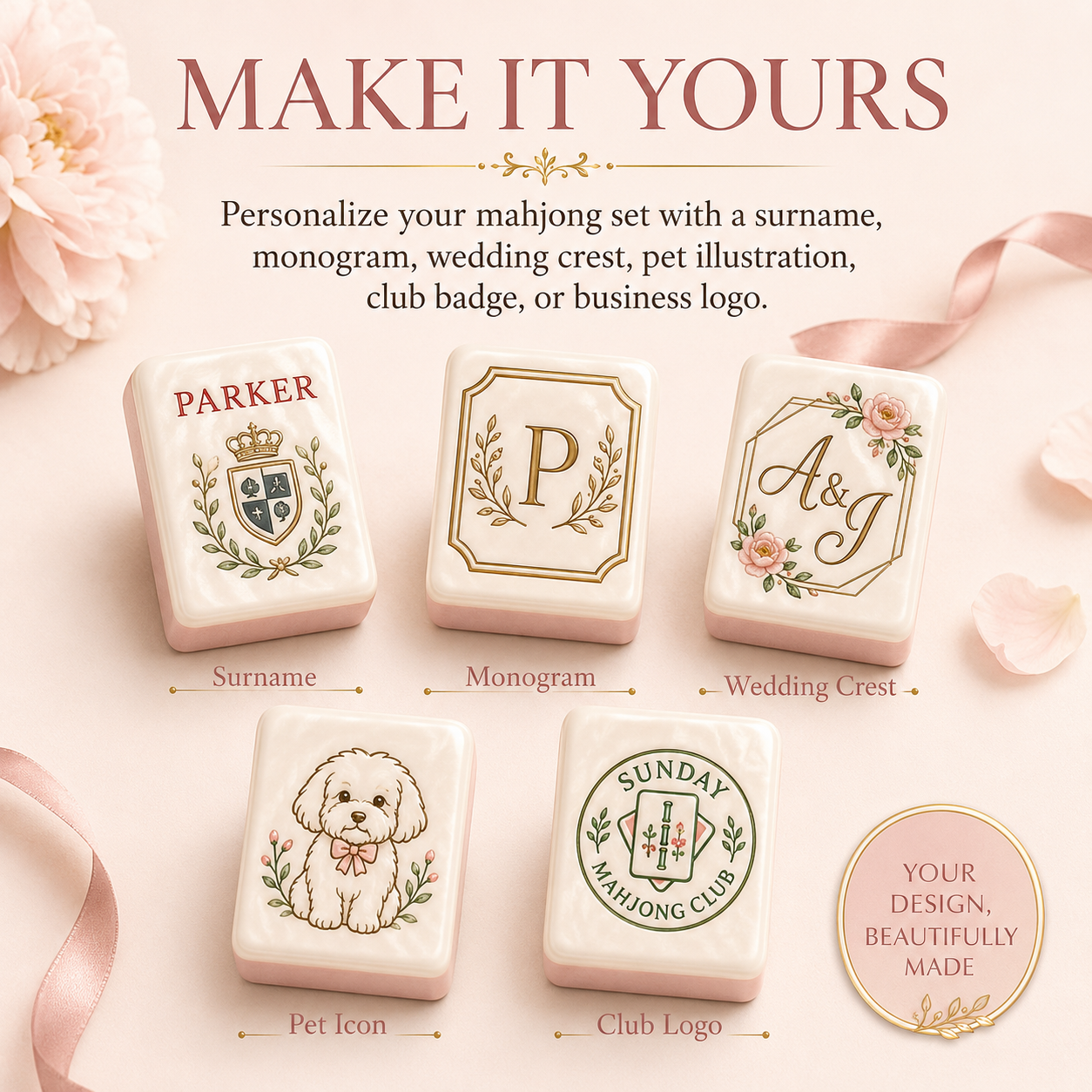 Personalized mahjong tile ideas with surname, monogram, pet icon, and club logo