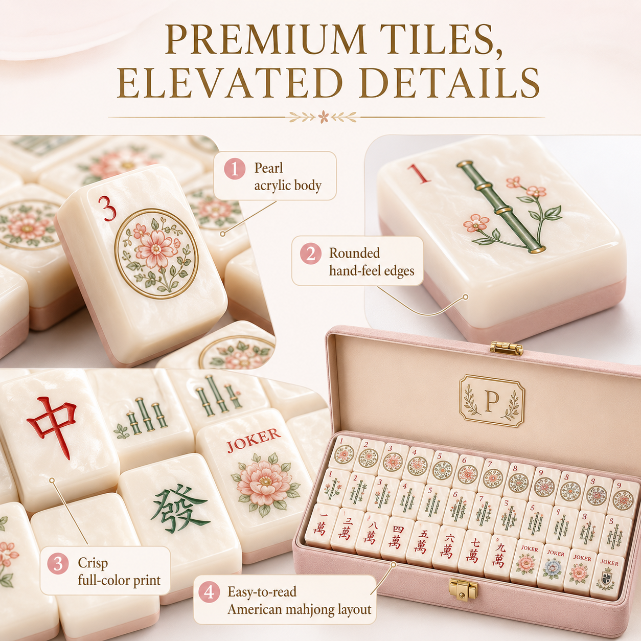 Premium pearl acrylic mahjong tiles with rounded edges and full color print