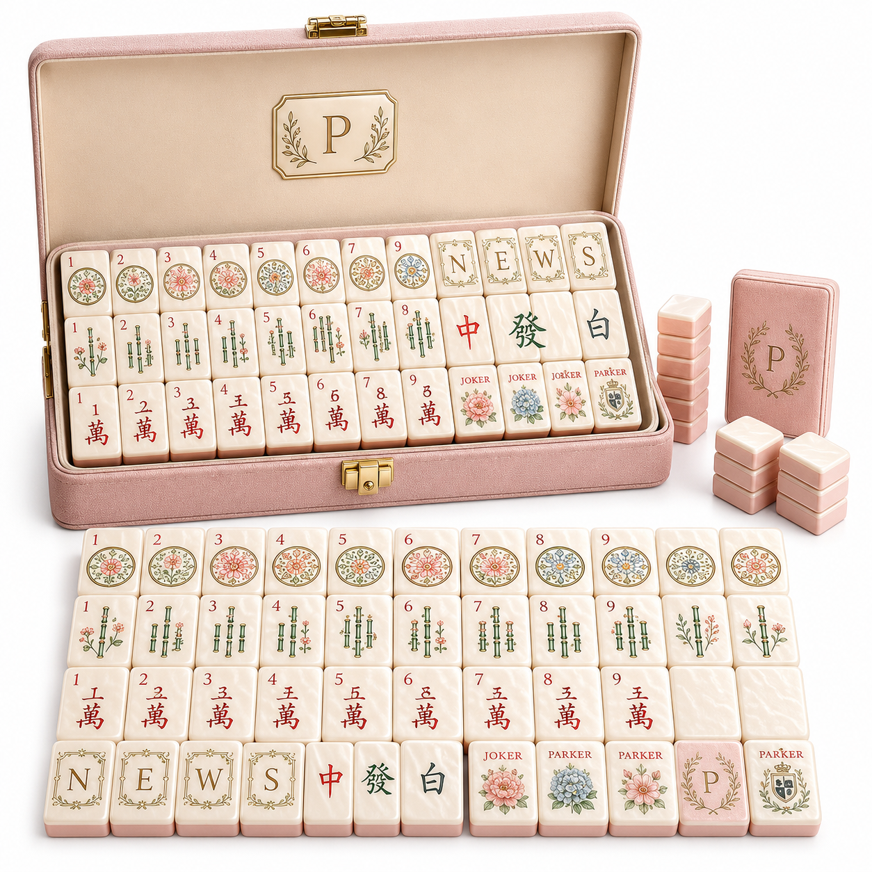 Full personalized American mahjong set with coordinated tiles and case