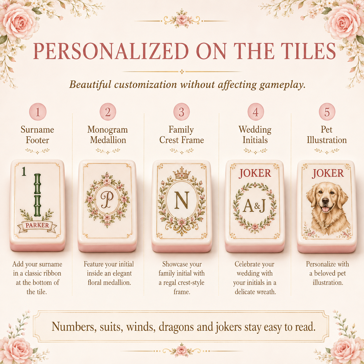Custom surname, monogram, wedding crest, pet illustration, and club logo tile options